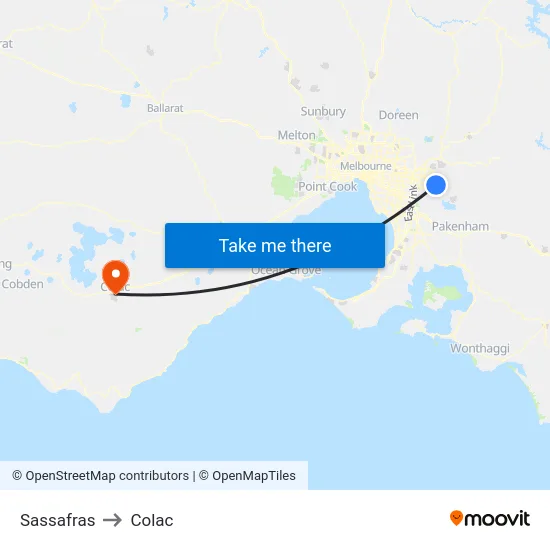 Sassafras to Colac map