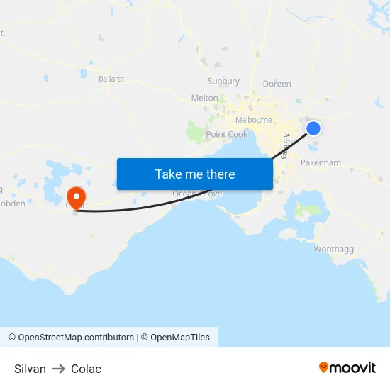 Silvan to Colac map