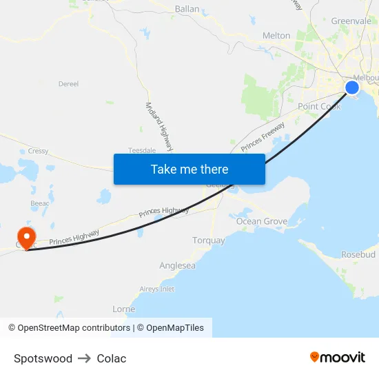 Spotswood to Colac map