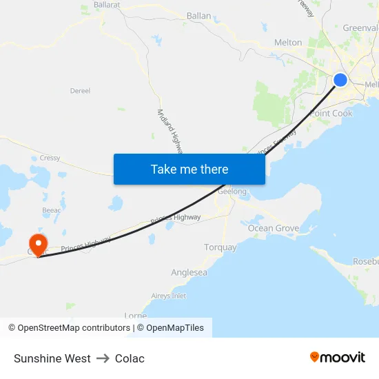 Sunshine West to Colac map