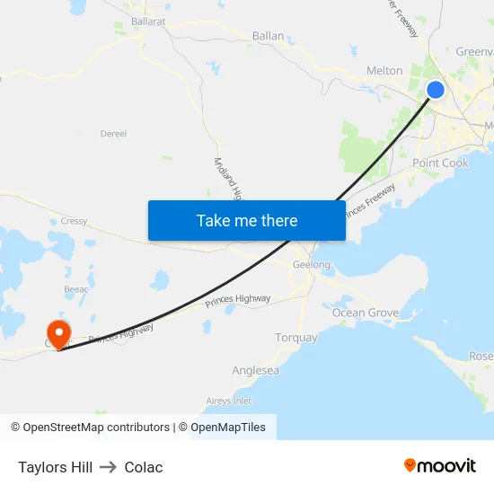Taylors Hill to Colac map