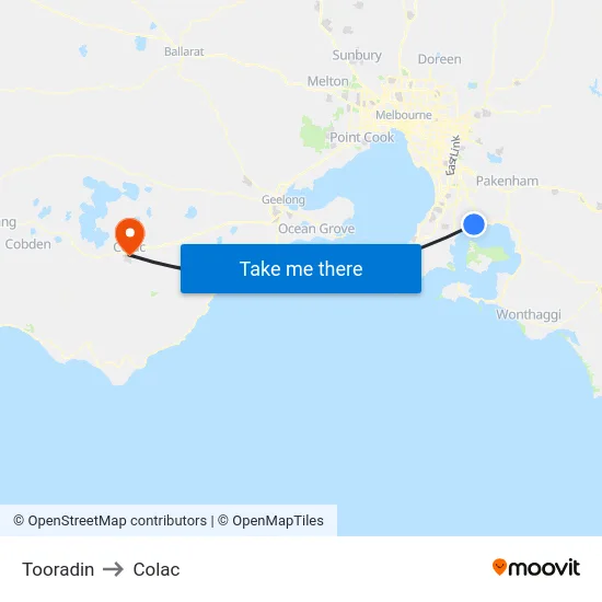 Tooradin to Colac map