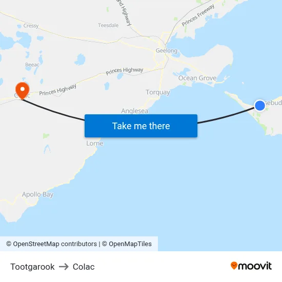 Tootgarook to Colac map
