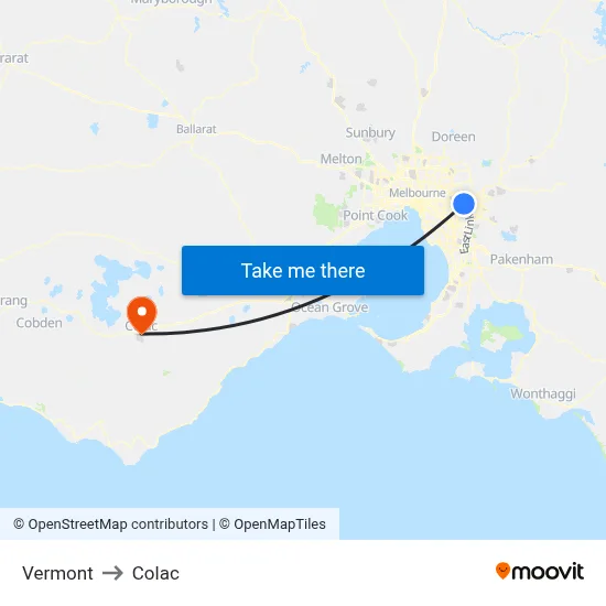Vermont to Colac map