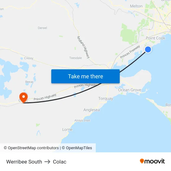Werribee South to Colac map