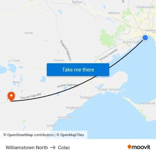 Williamstown North to Colac map