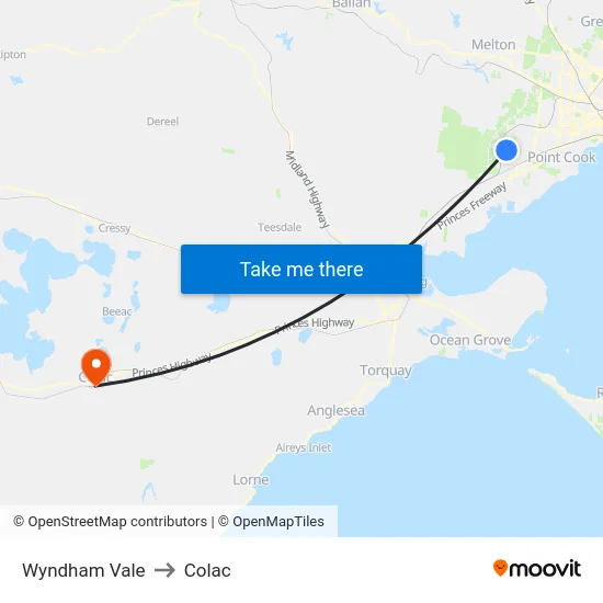Wyndham Vale to Colac map