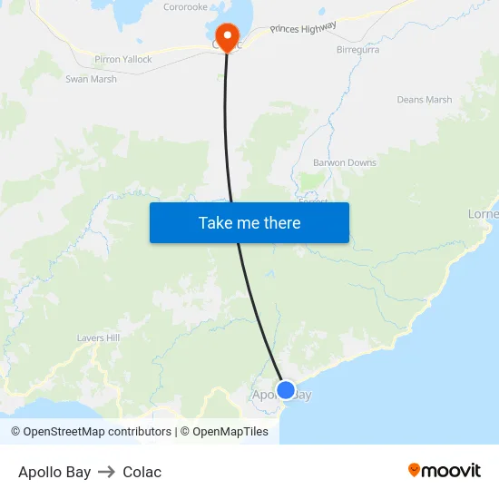 Apollo Bay to Colac map