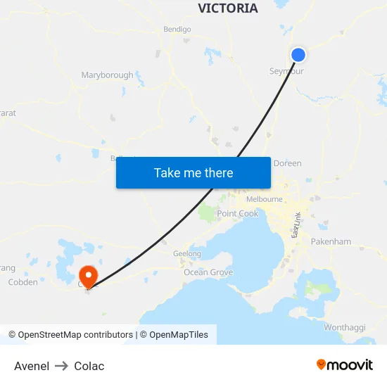 Avenel to Colac map