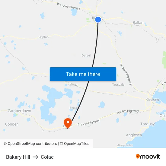 Bakery Hill to Colac map