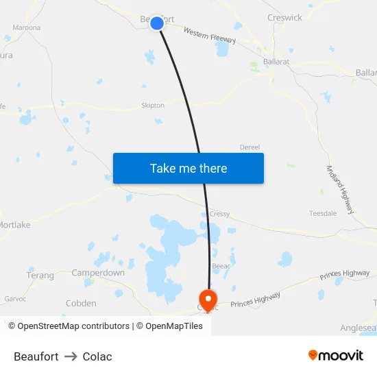 Beaufort to Colac map