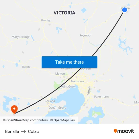 Benalla to Colac map