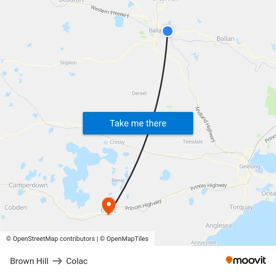 Brown Hill to Colac map