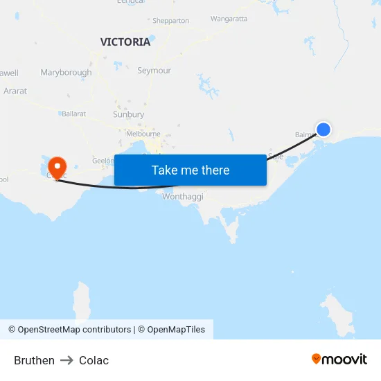 Bruthen to Colac map