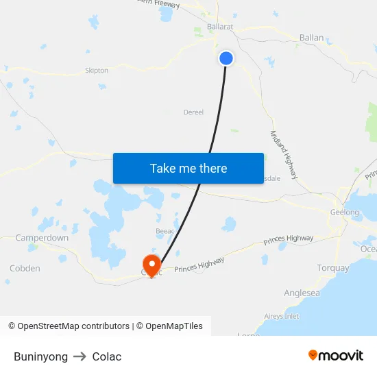 Buninyong to Colac map