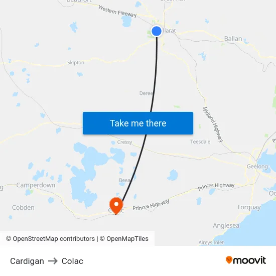 Cardigan to Colac map