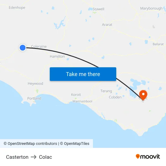 Casterton to Colac map