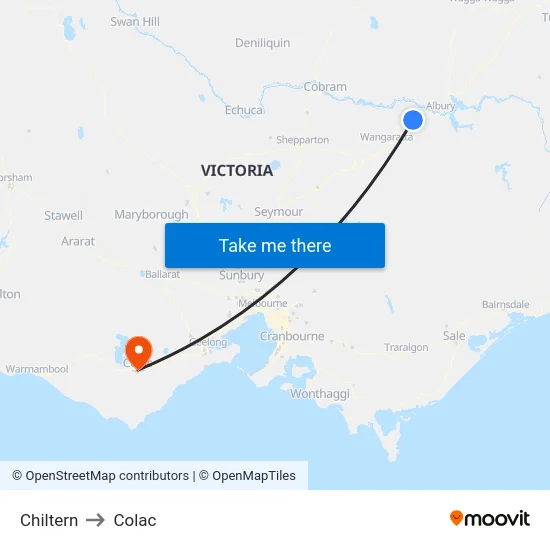 Chiltern to Colac map