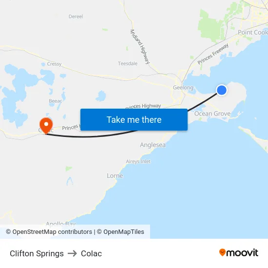 Clifton Springs to Colac map