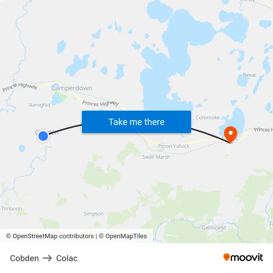 Cobden to Colac map