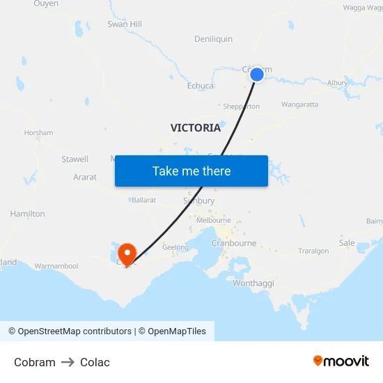 Cobram to Colac map