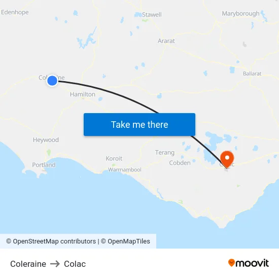 Coleraine to Colac map