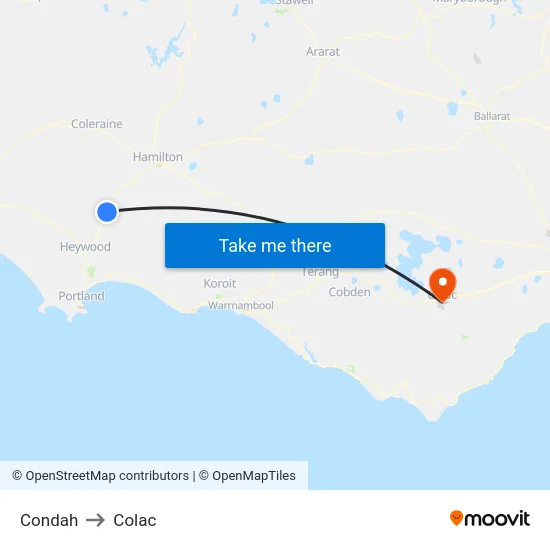 Condah to Colac map