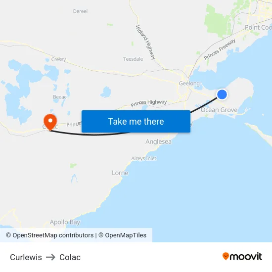 Curlewis to Colac map