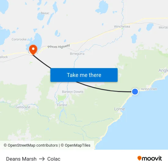 Deans Marsh to Colac map
