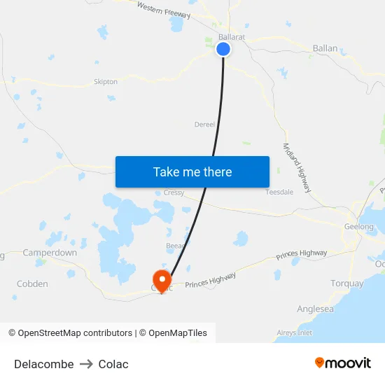 Delacombe to Colac map