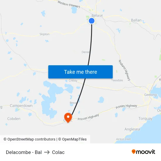 Delacombe - Bal to Colac map