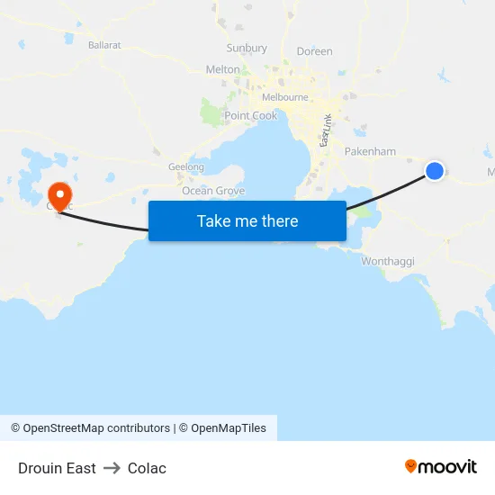 Drouin East to Colac map