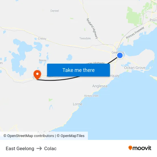 East Geelong to Colac map