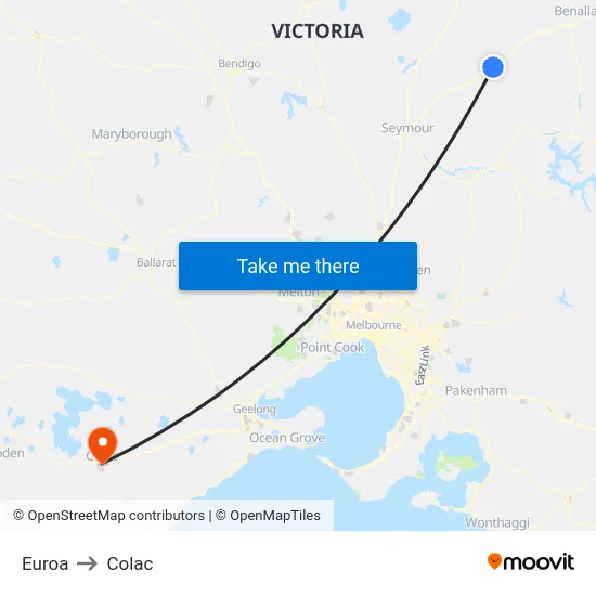Euroa to Colac map