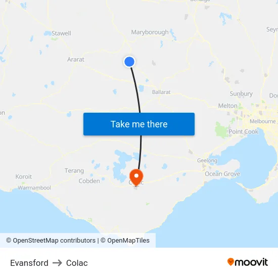 Evansford to Colac map
