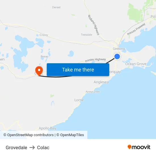 Grovedale to Colac map