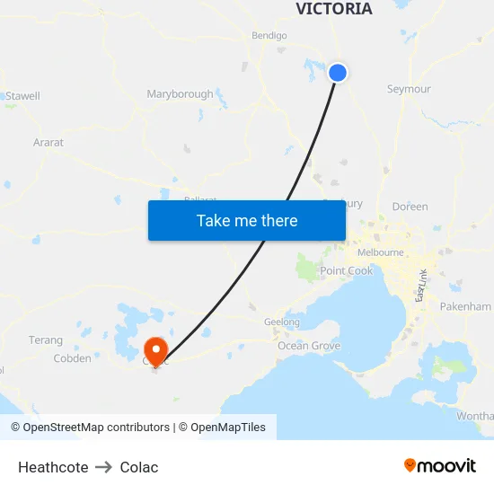 Heathcote to Colac map