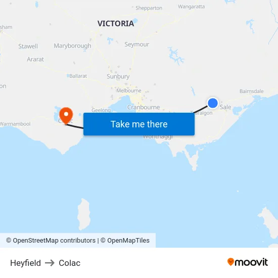 Heyfield to Colac map