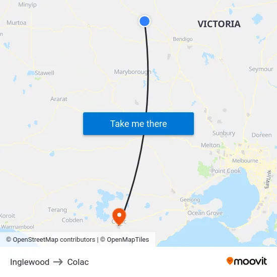 Inglewood to Colac map