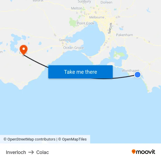 Inverloch to Colac map