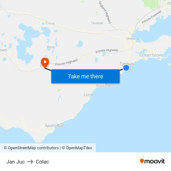 Jan Juc to Colac map