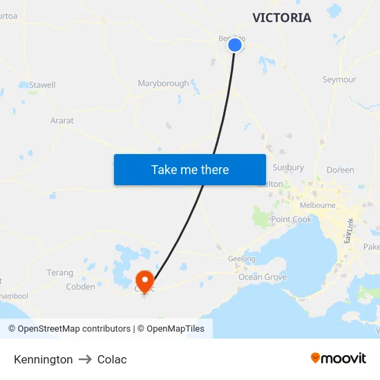 Kennington to Colac map