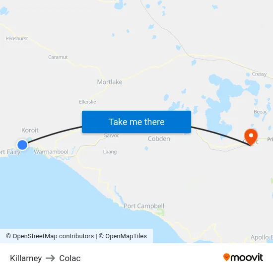 Killarney to Colac map