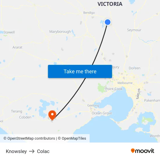 Knowsley to Colac map
