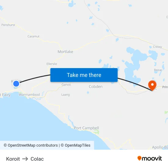 Koroit to Colac map