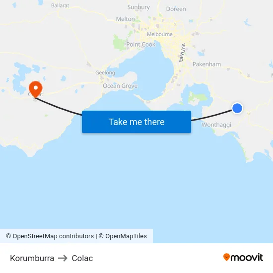 Korumburra to Colac map