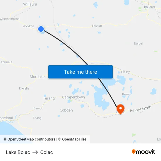 Lake Bolac to Colac map