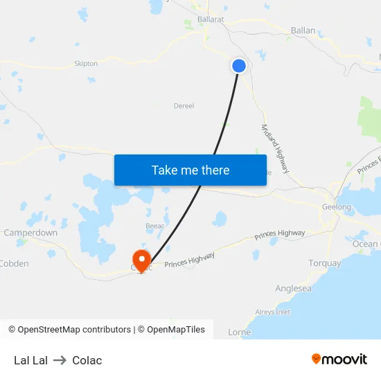 Lal Lal to Colac map