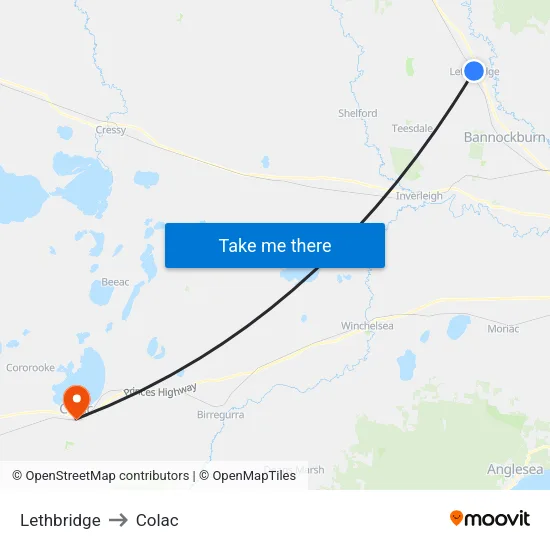 Lethbridge to Colac map