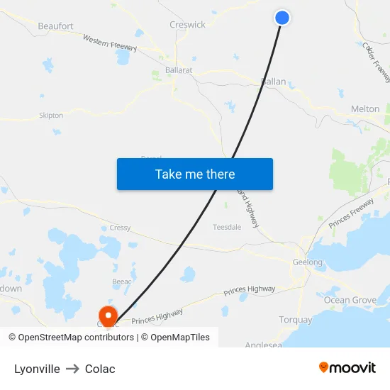 Lyonville to Colac map